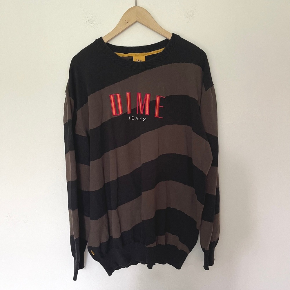 Dime MTL Wavy Stripe Knit Sweater Black Brown Embroidered Logo Mens XL